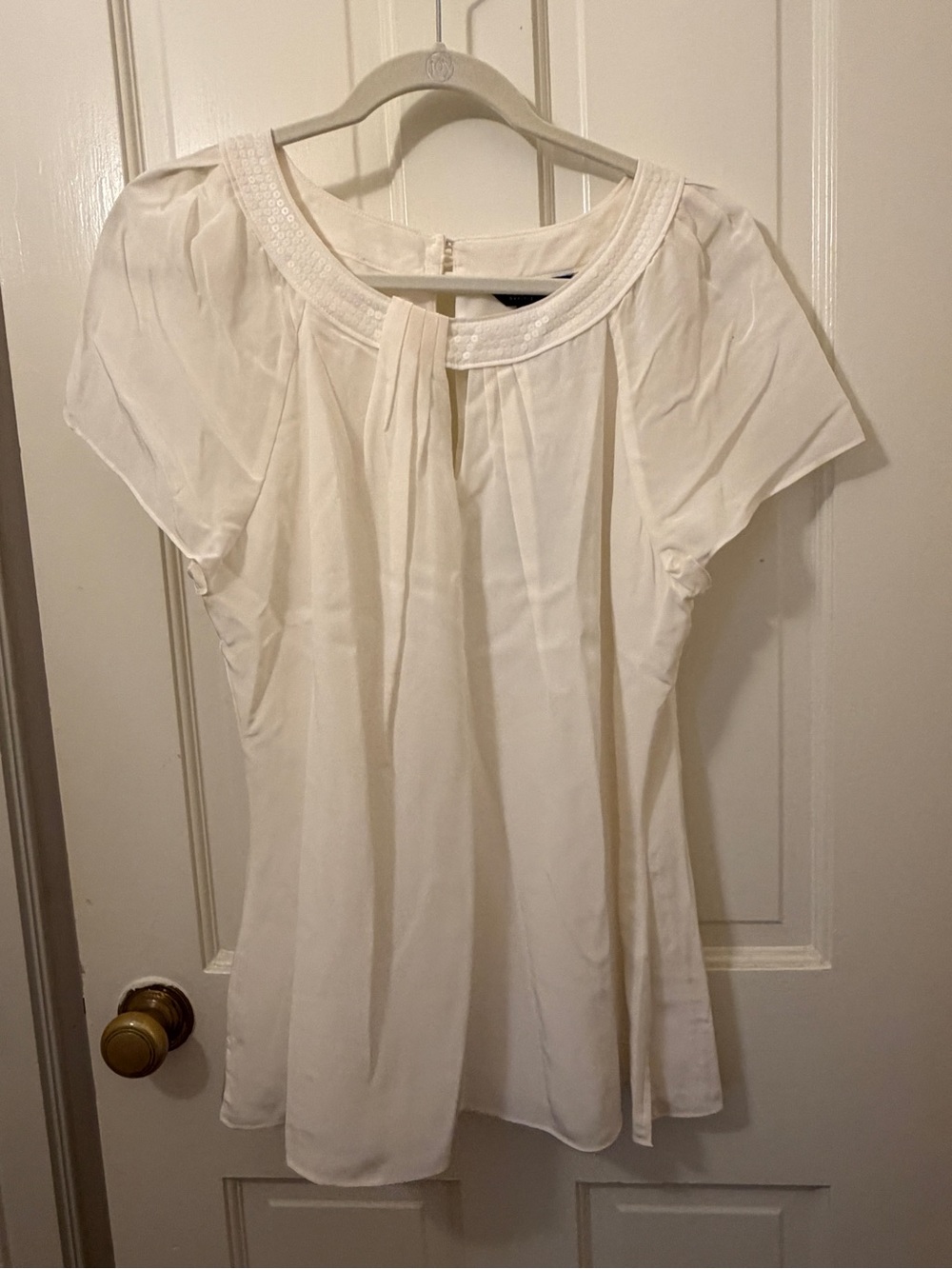 White House Black Market Ivory Short Sleeve Sequined Neck Silk Blouse